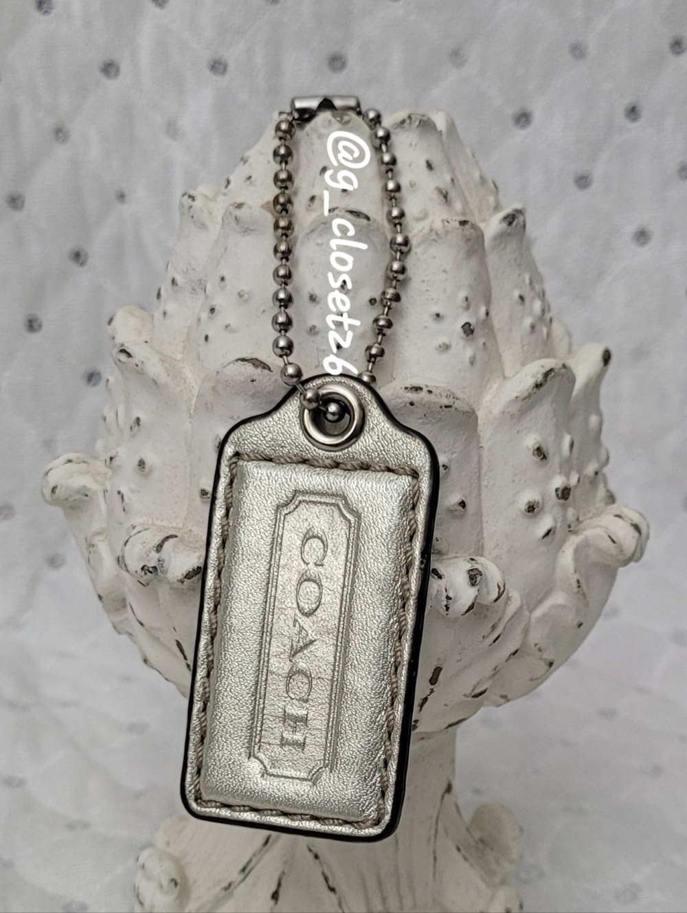 COACH Metallic Silver Leather Tag Keychain